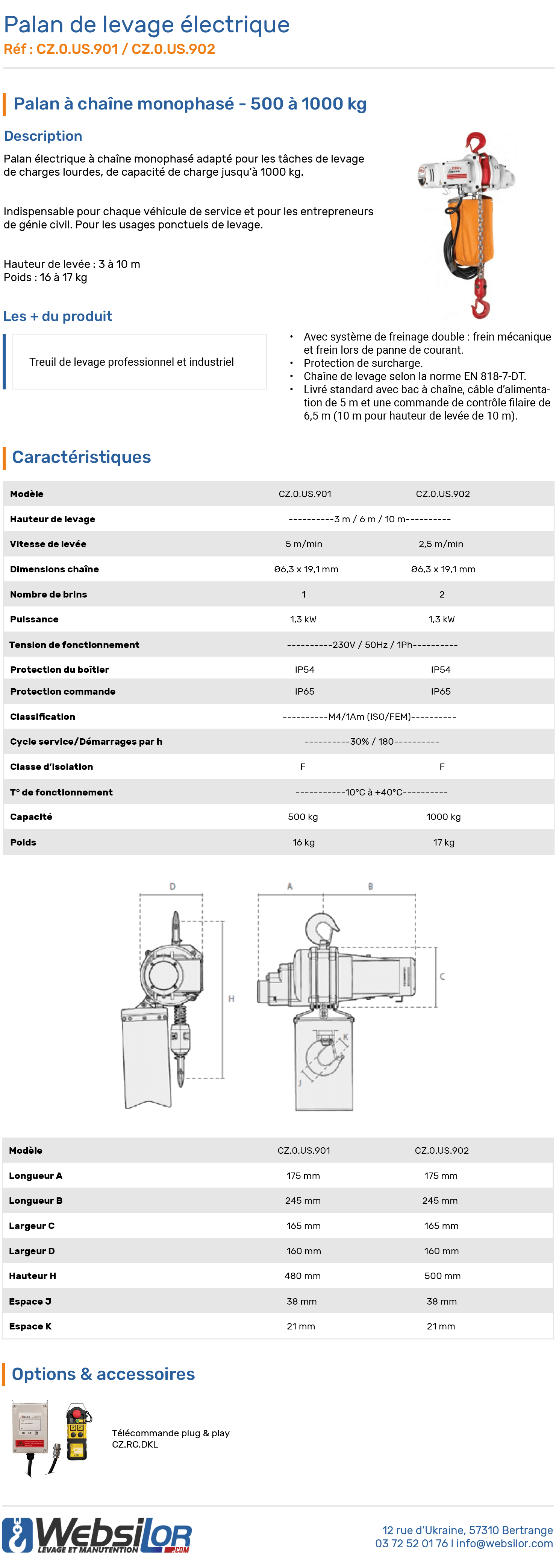Informations techniques Palan électrique à chaine monophasé économique