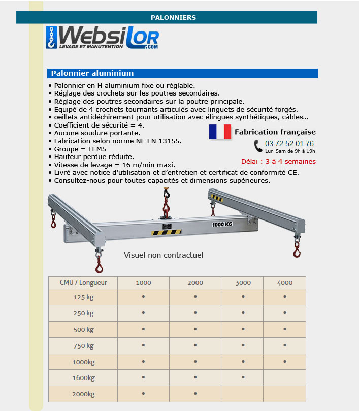 Informations techniques Palonnier en H fixe aluminium 125 à 2000 kg