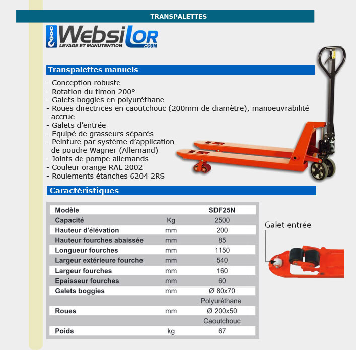 Informations techniques Transpalette manuel économique - 2.5 tonnes
