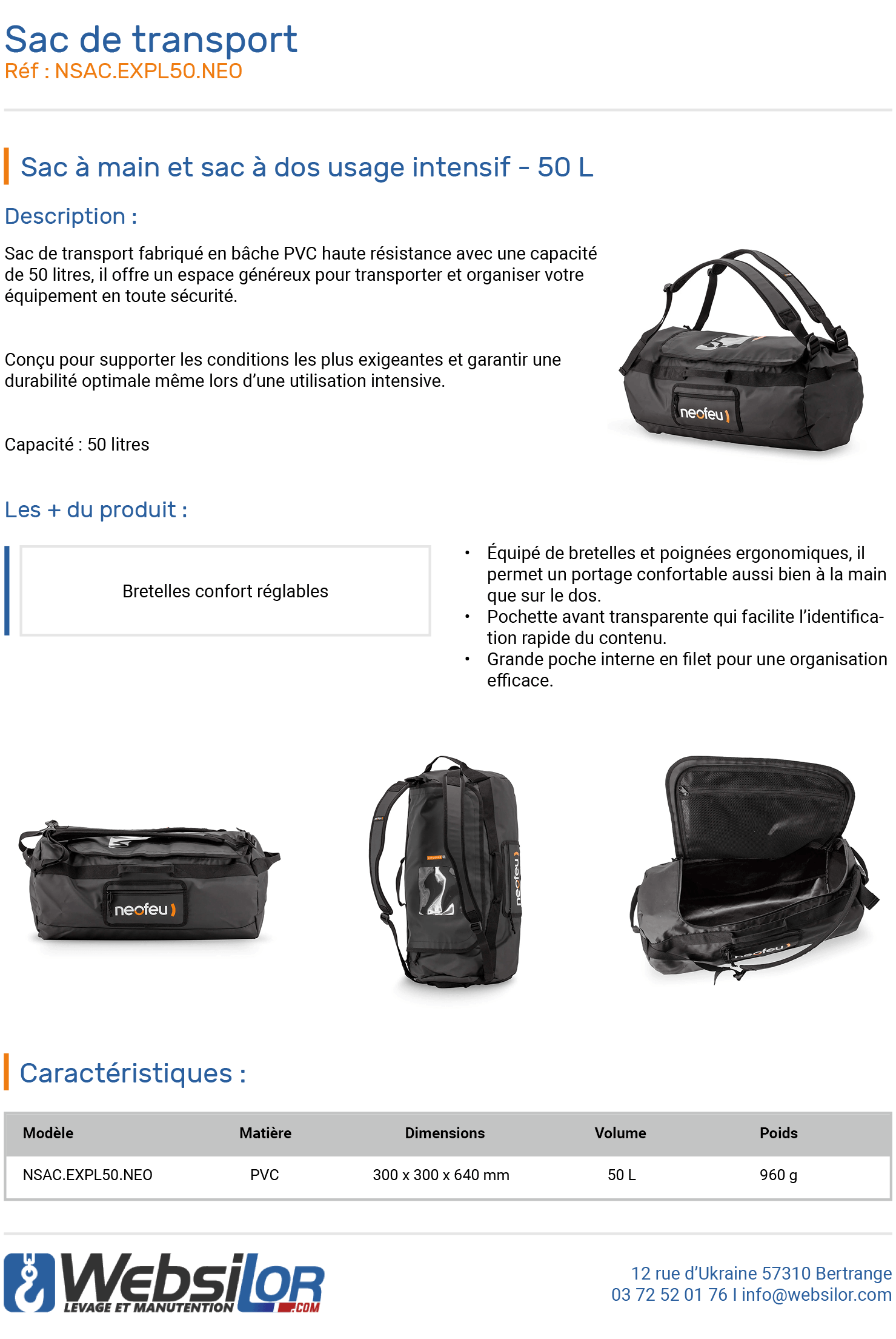 Informations techniques Sac de transport usage intensif - 50 L