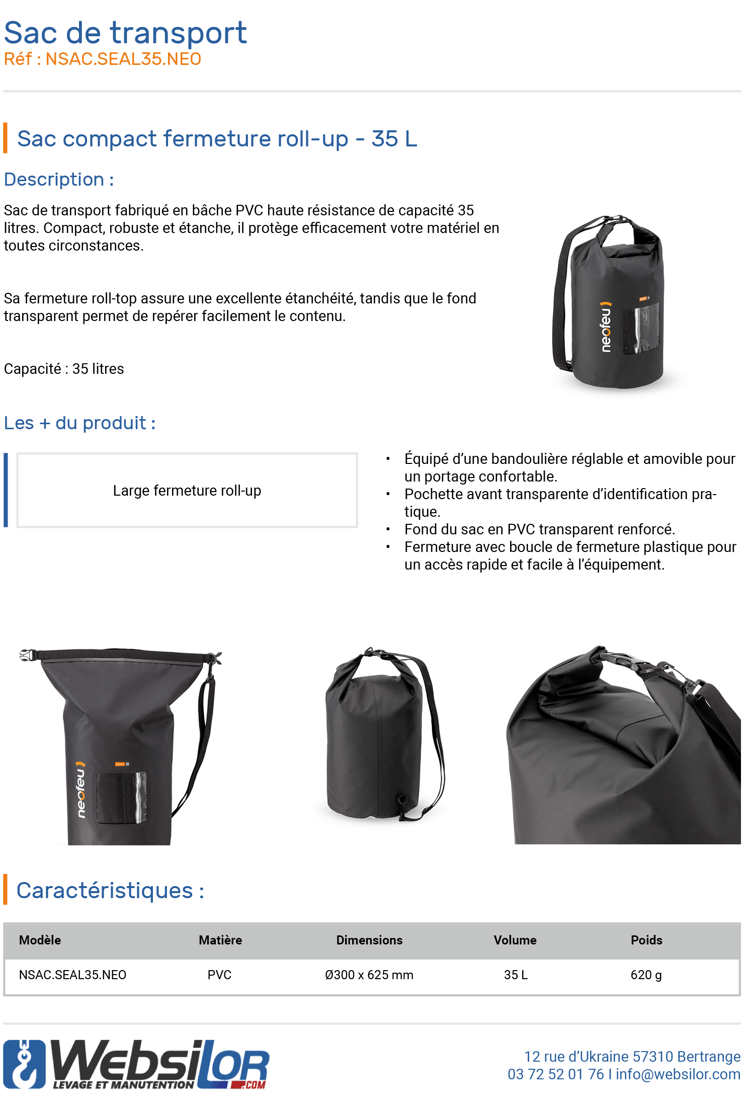 Informations techniques Sac de transport fermeture roll-up - 35 L