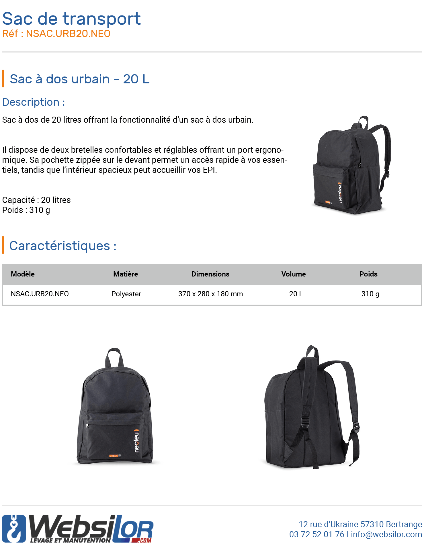 Informations techniques Sac à dos de transport - 20 L