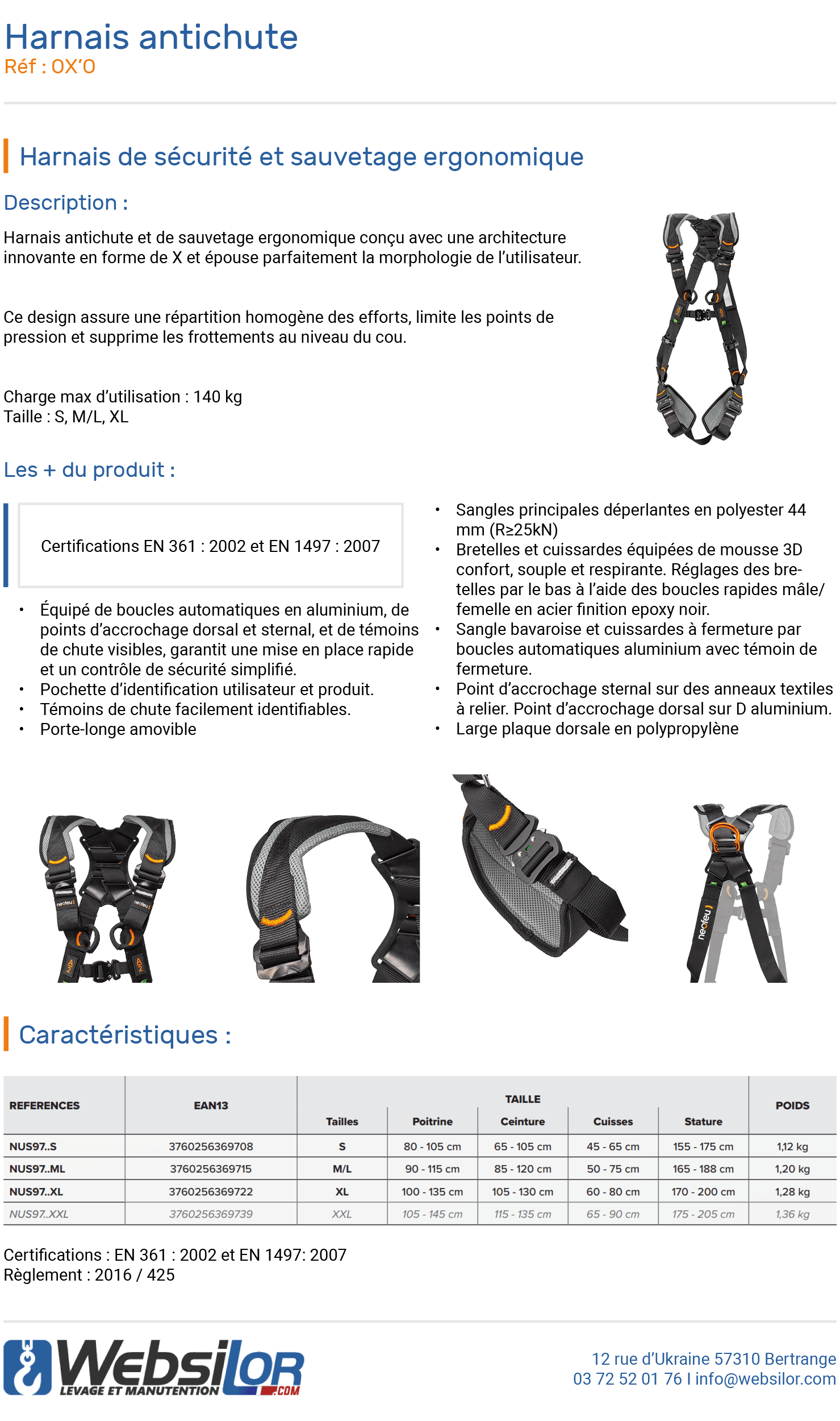 Informations techniques Harnais antichute ergonomique en X avec boucles automatiques