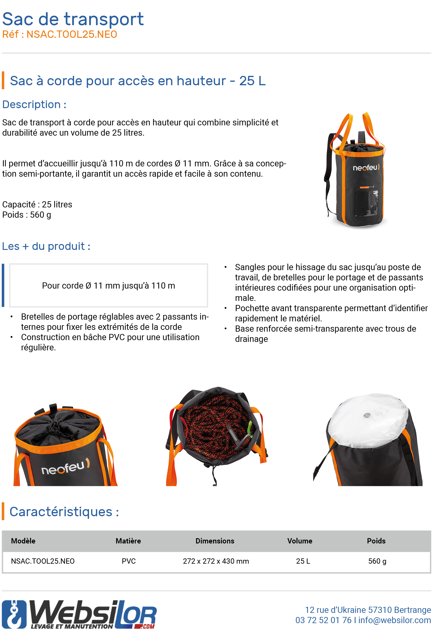 Informations techniques Sac de transport de corde - 25 L